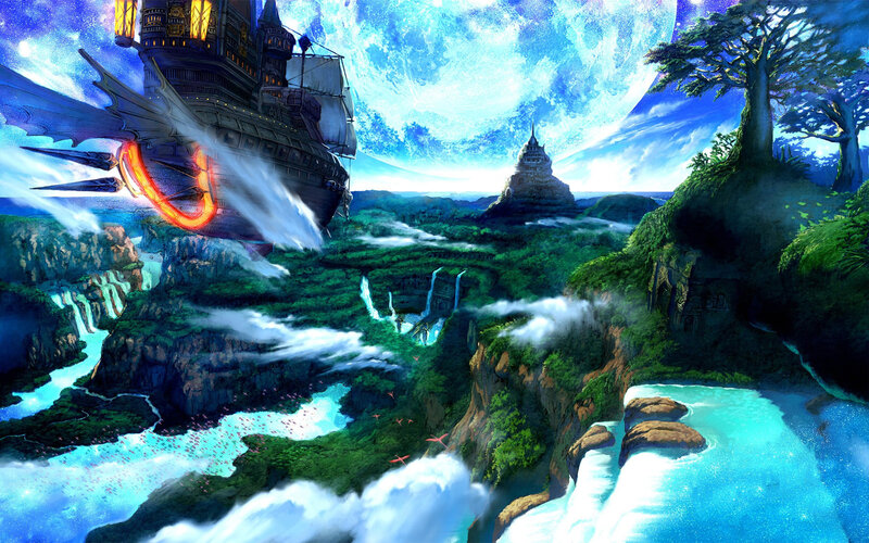 Flying Airship over Canyon — Blue, Fantastical