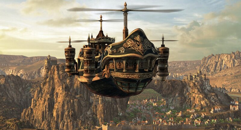 Flying Airship over Cliffs