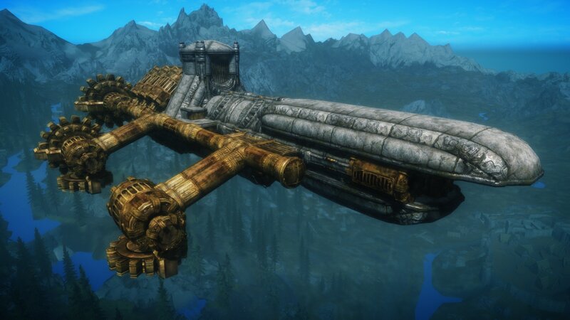flying airship over mountains