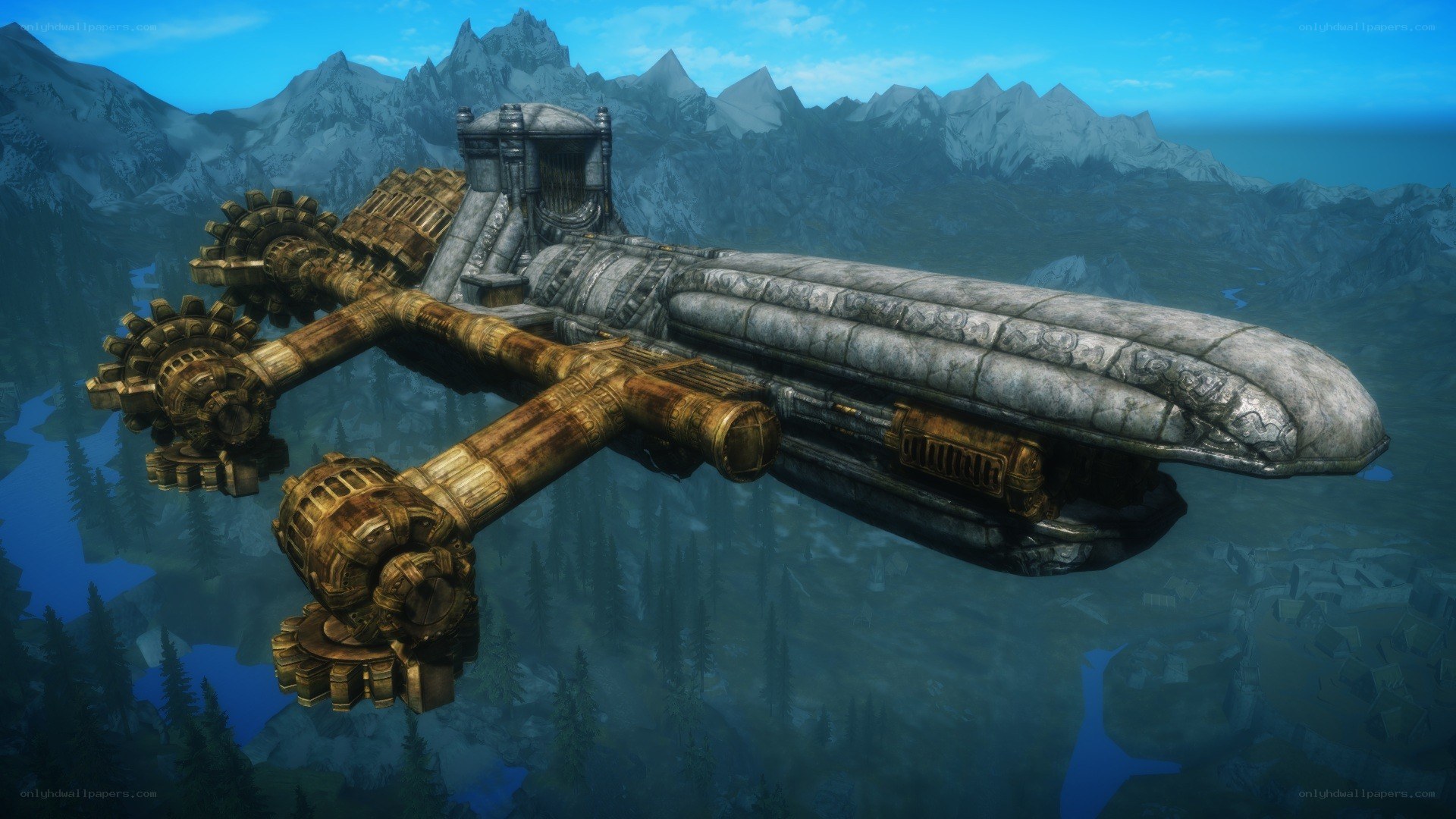 flying airship over mountains