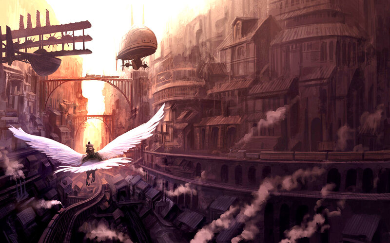 flying angel in steampunk city