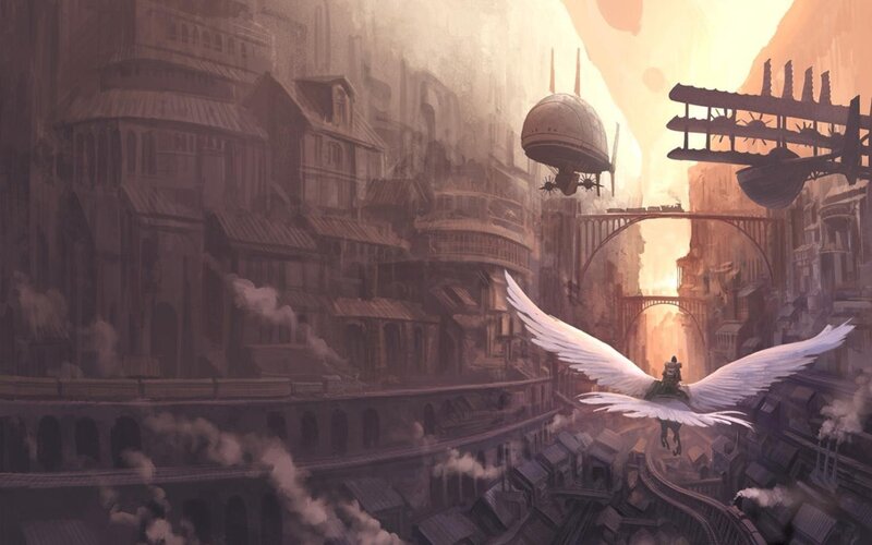 flying angel in steampunk city