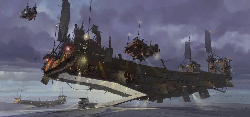 flying battleship in stormy sky
