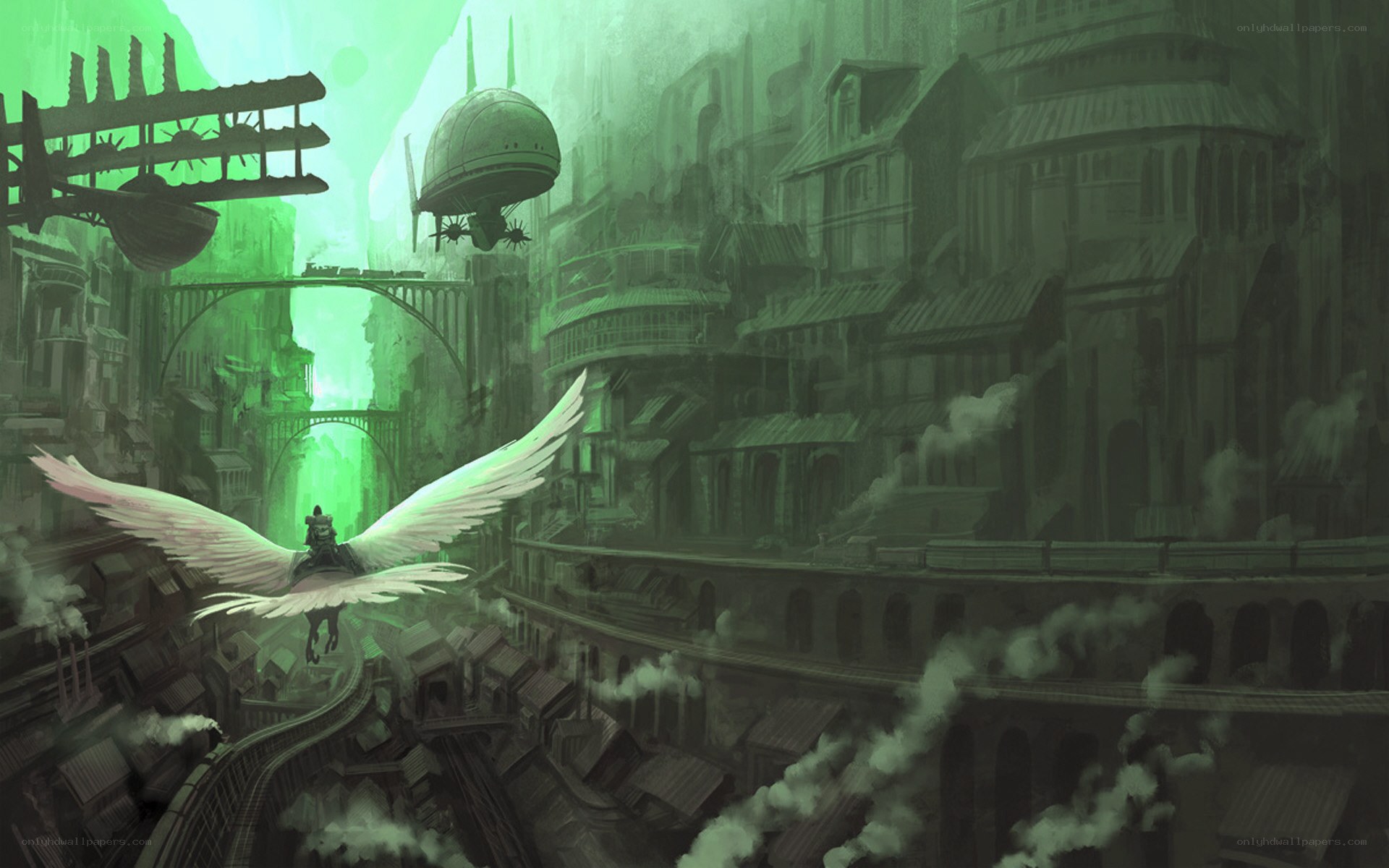 flying bird in a steampunk city