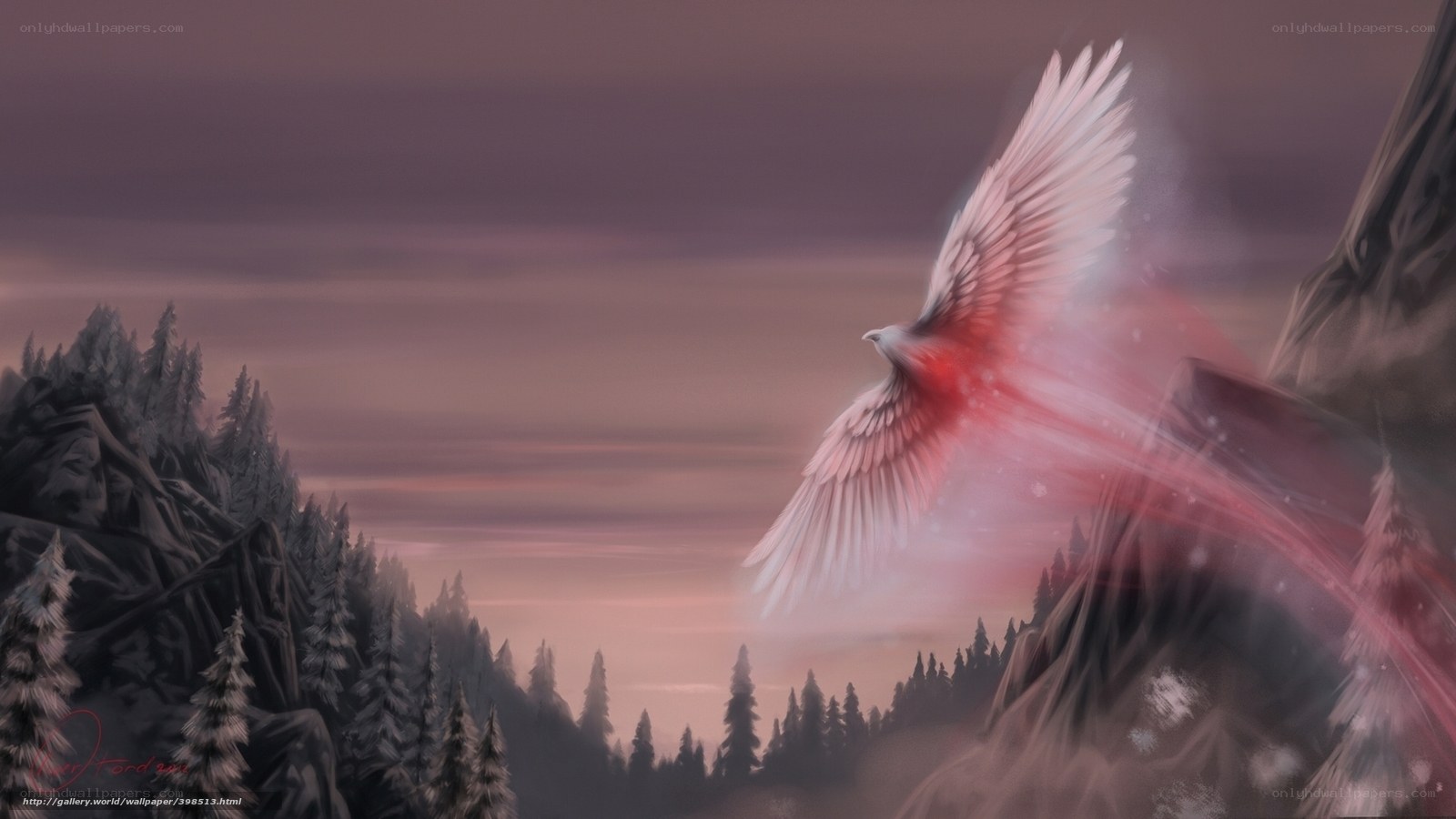 flying bird in snowy landscape