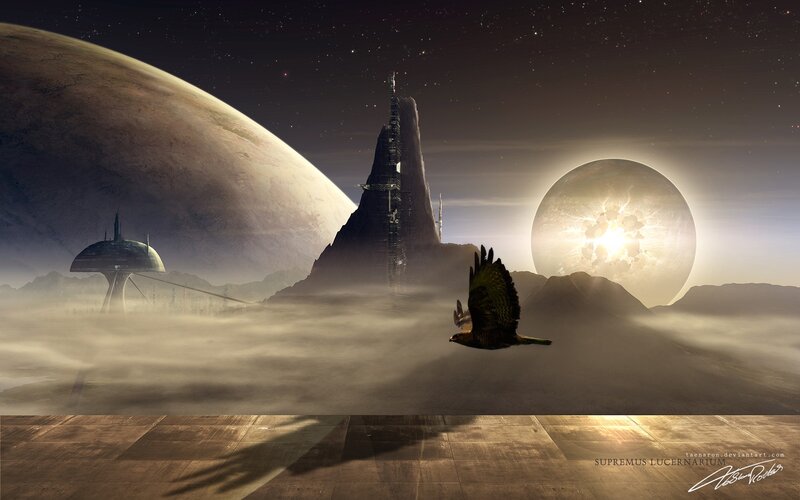 Flying Bird over Alien Landscape