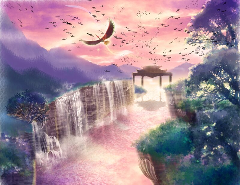 Flying Bird over Waterfall — Pink