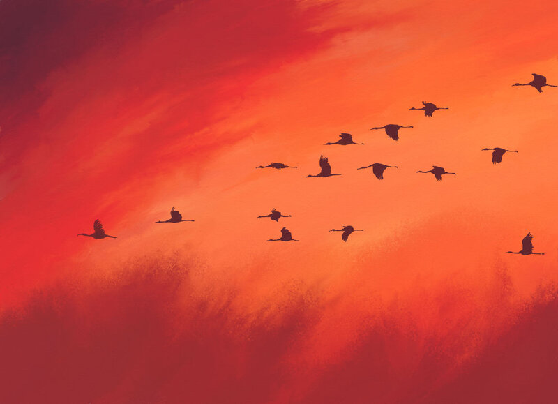 Flying Birds Silhouette — Red