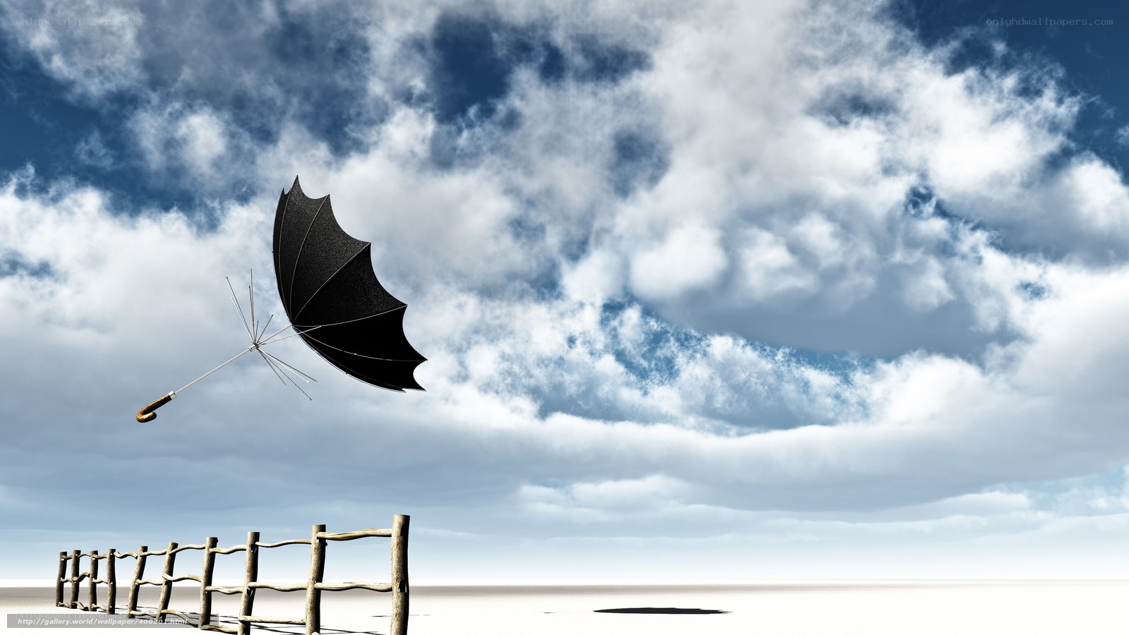 Flying black umbrella in sky