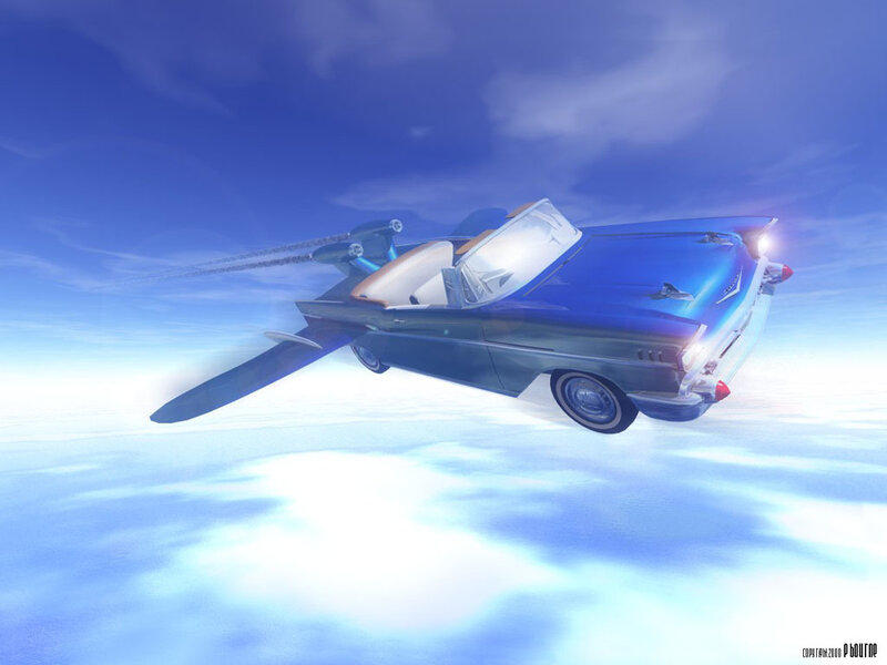 flying blue car in sky