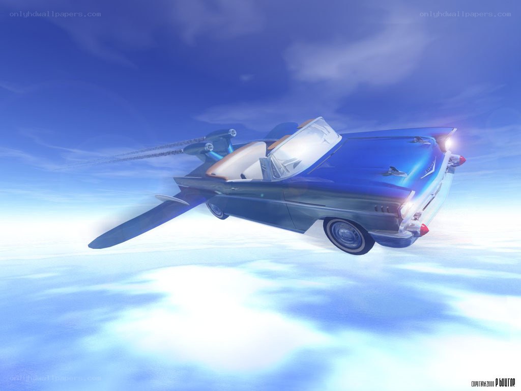 flying blue car in sky