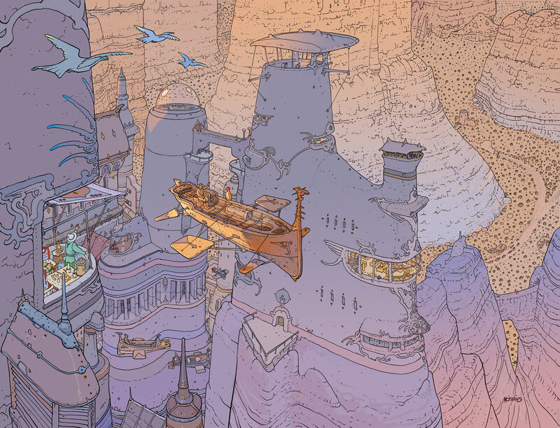 flying boat in futuristic city