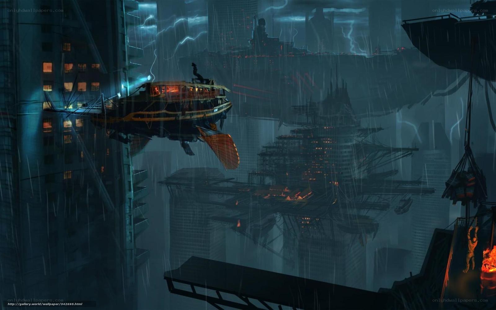flying boat in stormy city