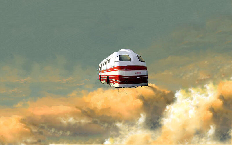 flying bus in clouds