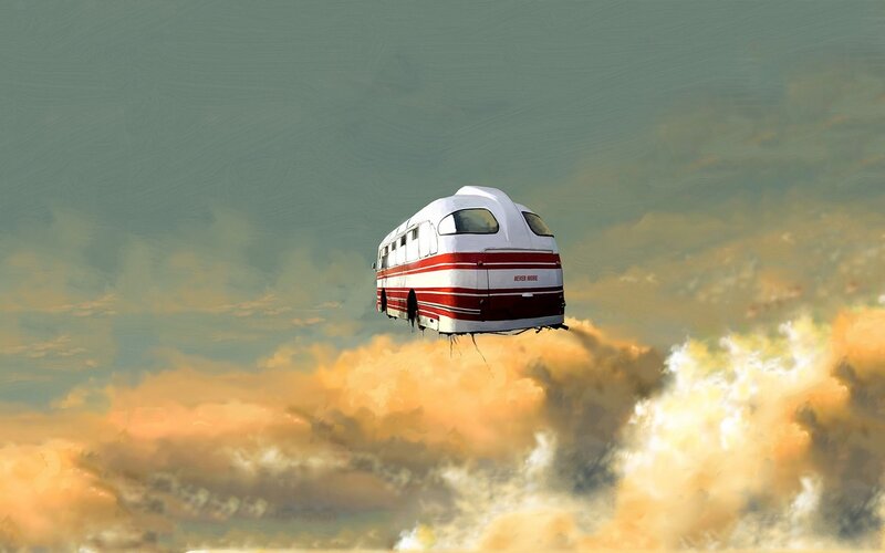 Flying Bus in Clouds — White