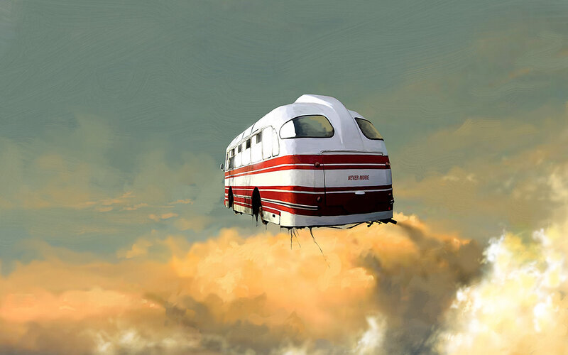 flying bus in cloudy sky