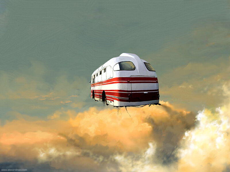 flying bus in the sky