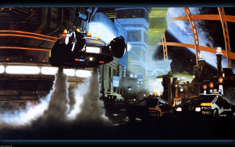 flying car chase in futuristic city
