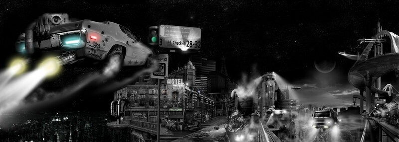 Flying Car in City — Black, Dystopian