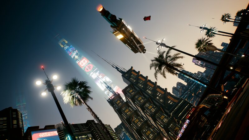 Flying Car in City — Blue, Dramatic