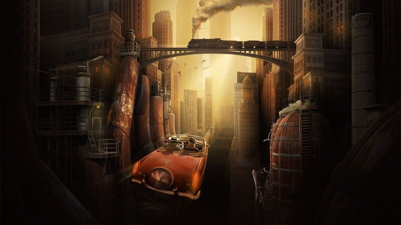 Flying Car in City — Brown, Dramatic