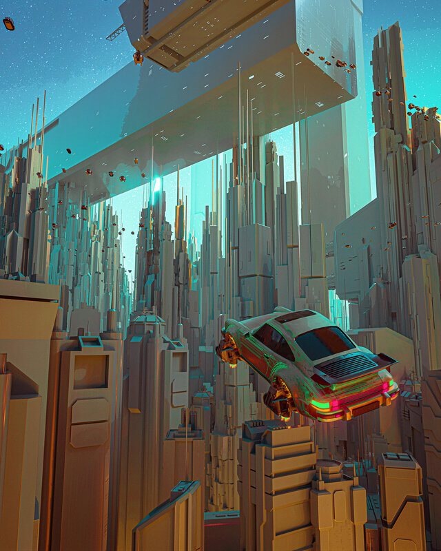 Flying Car in City — Cyan