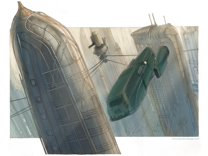 flying car in futuristic city