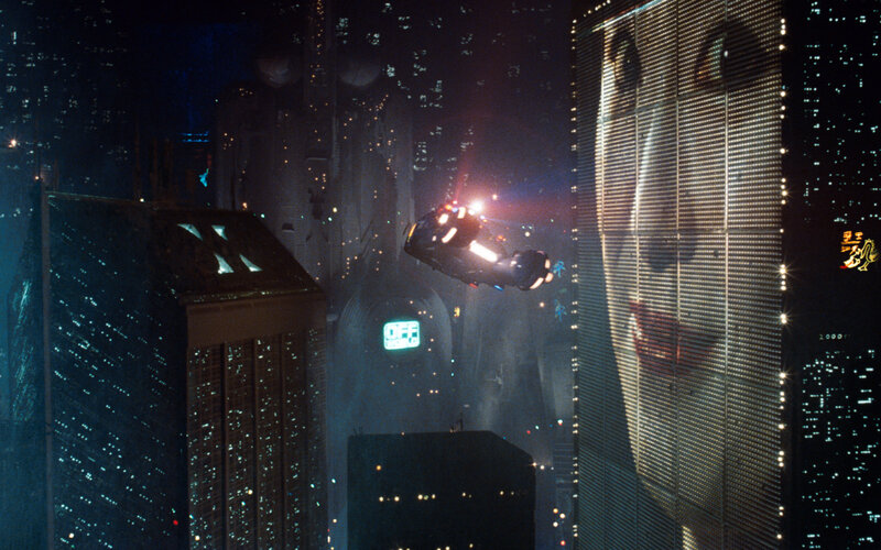 flying car in neon city