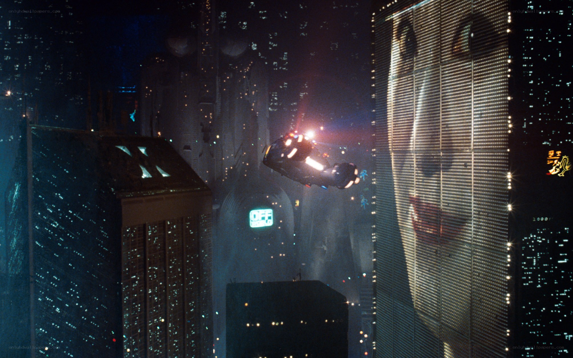 flying car in neon city