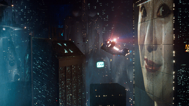 flying car in neon city
