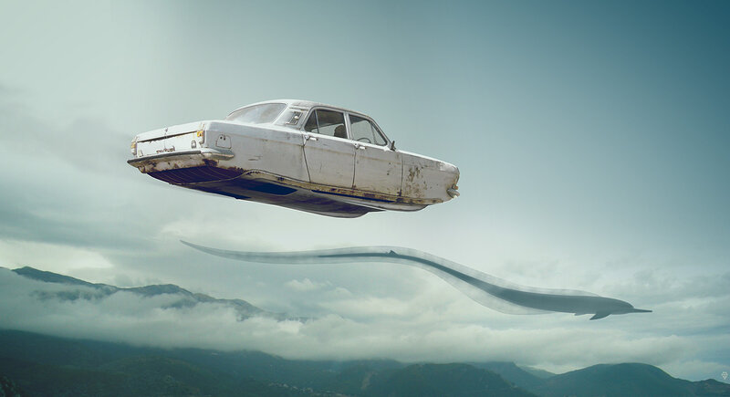 flying car over mountains