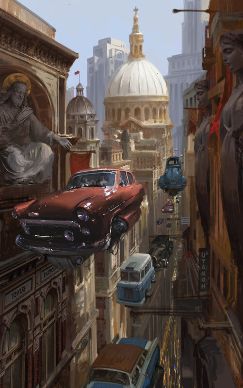 Flying Cars in City — Brown, Dramatic