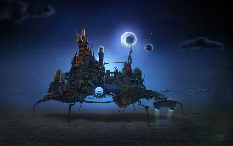 flying castle at night