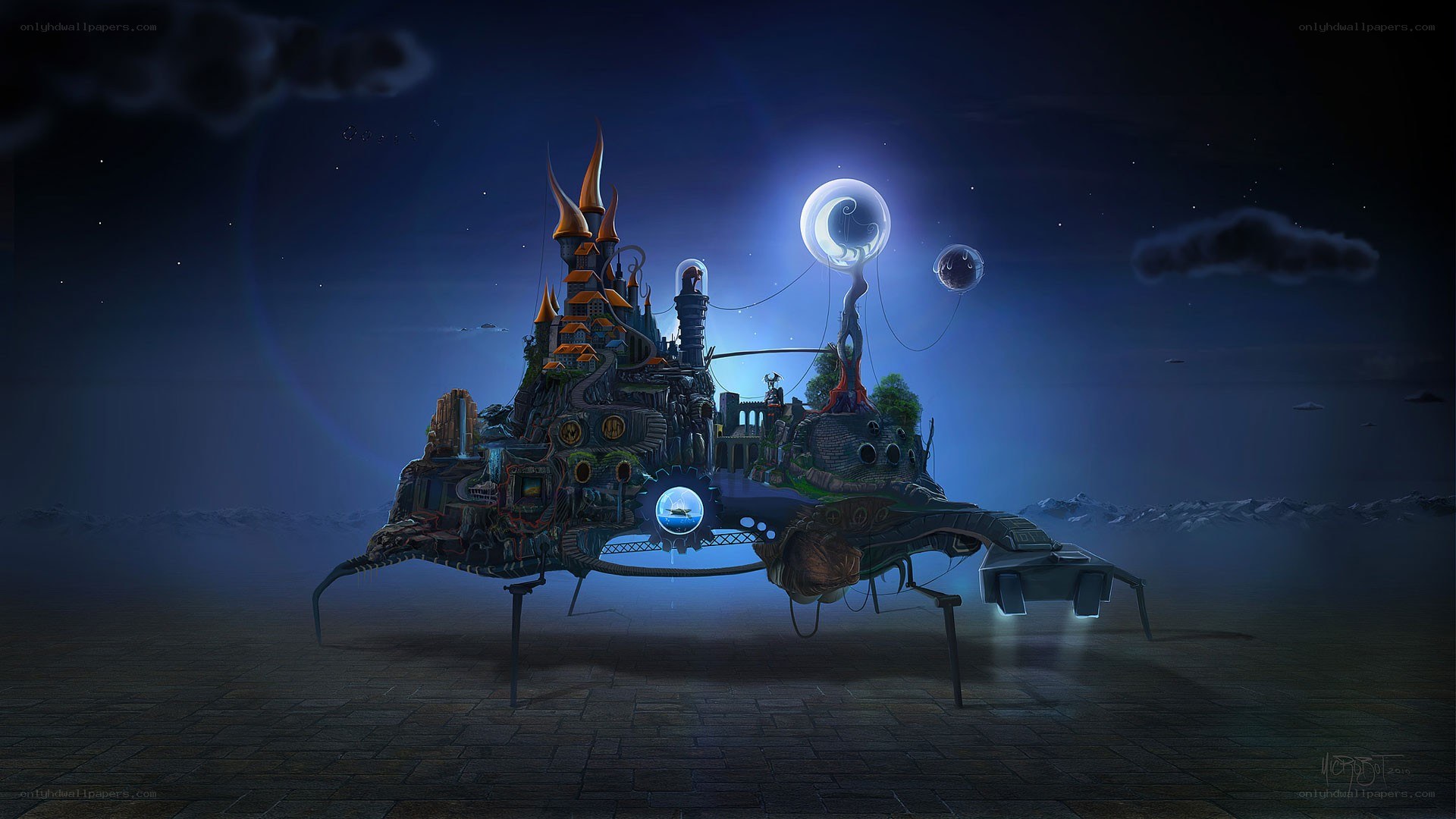 flying castle at night