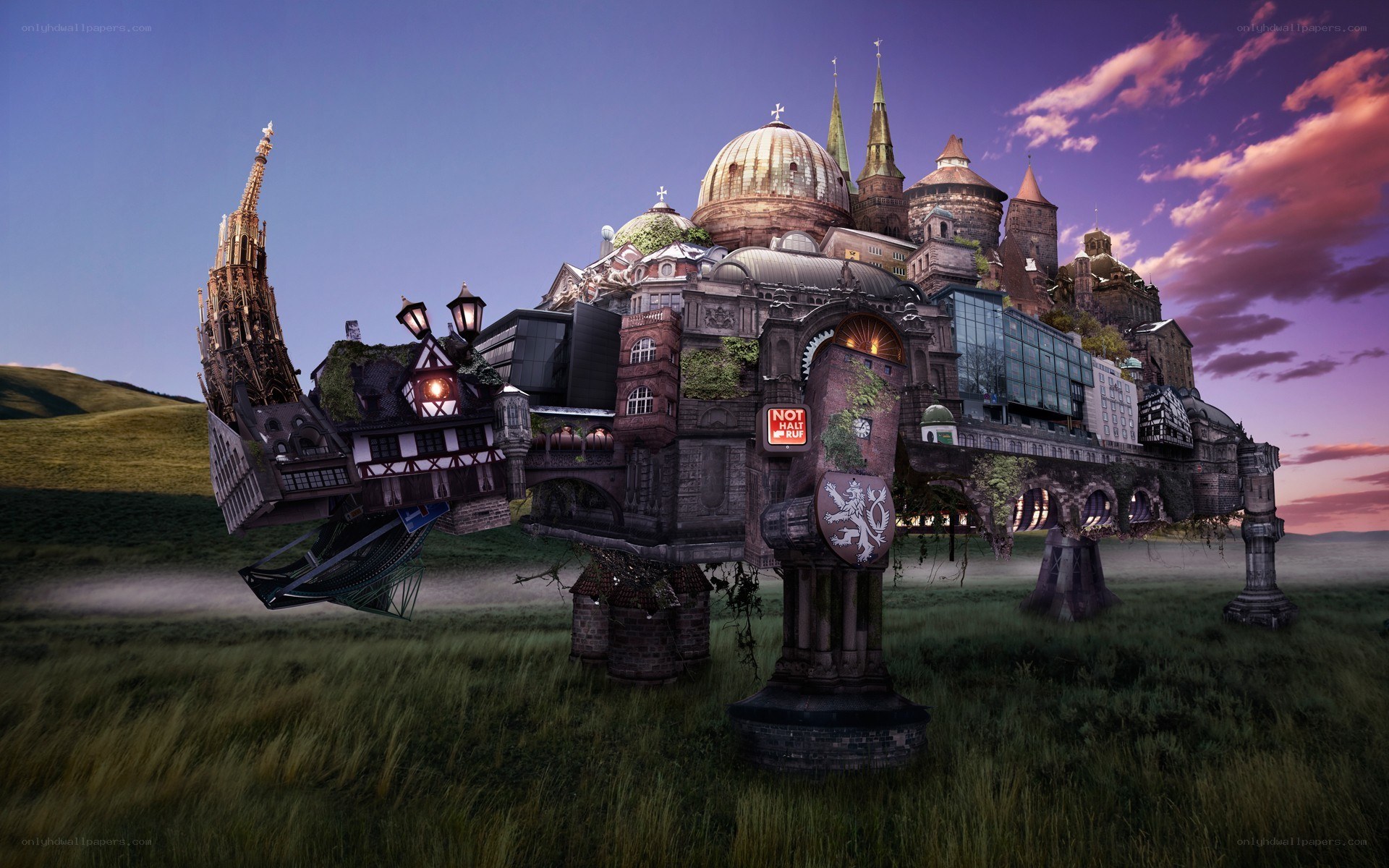 flying castle over grassy field