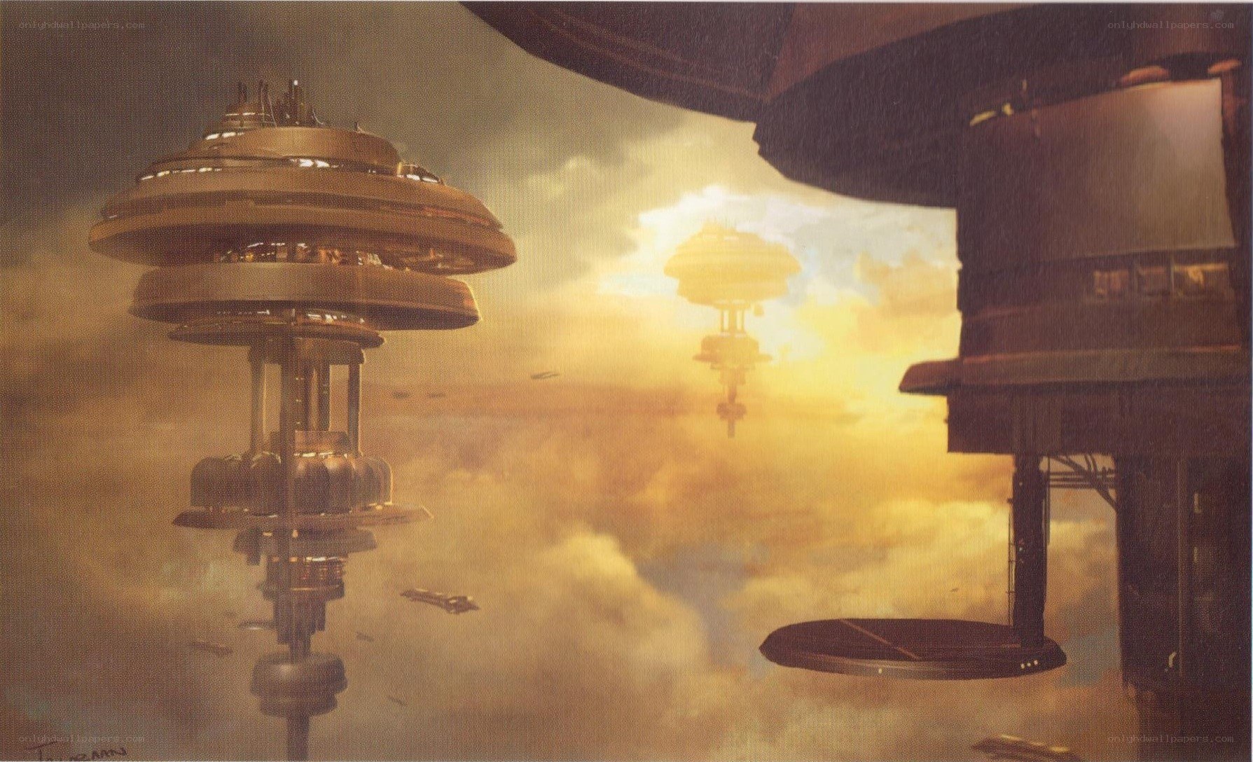 flying cities in golden sky