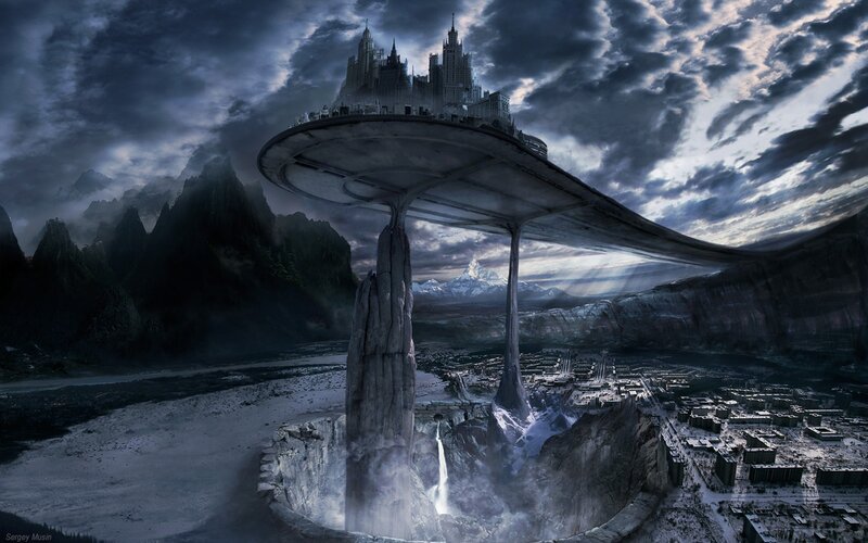 Flying City Above Canyon — Gray, Dramatic, Night, Digital Art, Castle, Mountains, Blue