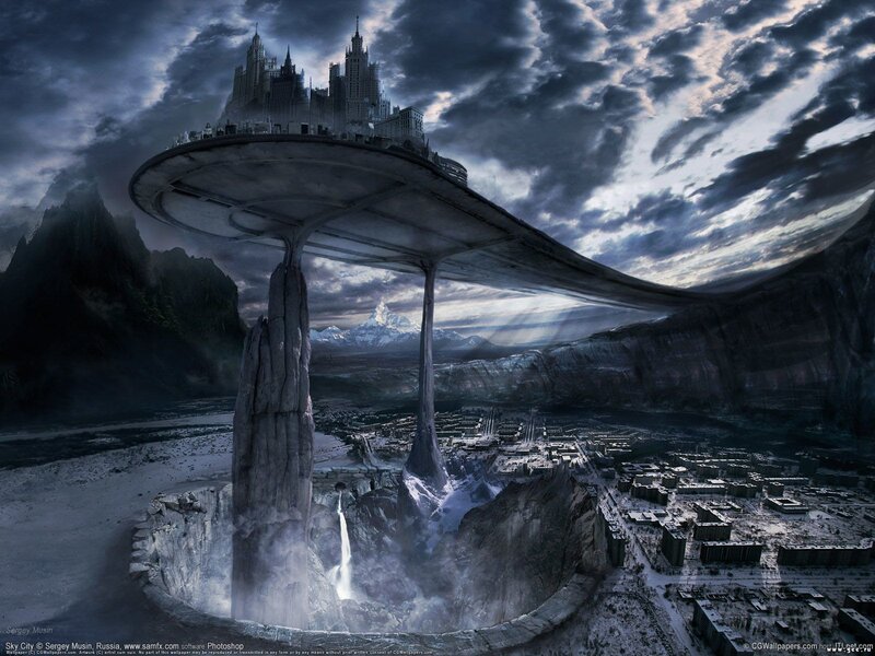 Flying City Above Canyon — Gray, Dramatic, Night, Digital Art, Mountains, Castle