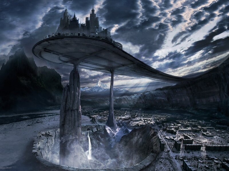 Flying City Above Canyon — Gray, Dramatic, Night, Digital Art