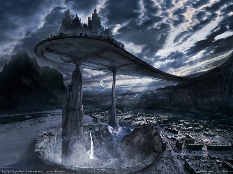 Flying City Above Canyon — Gray, Dramatic, Night
