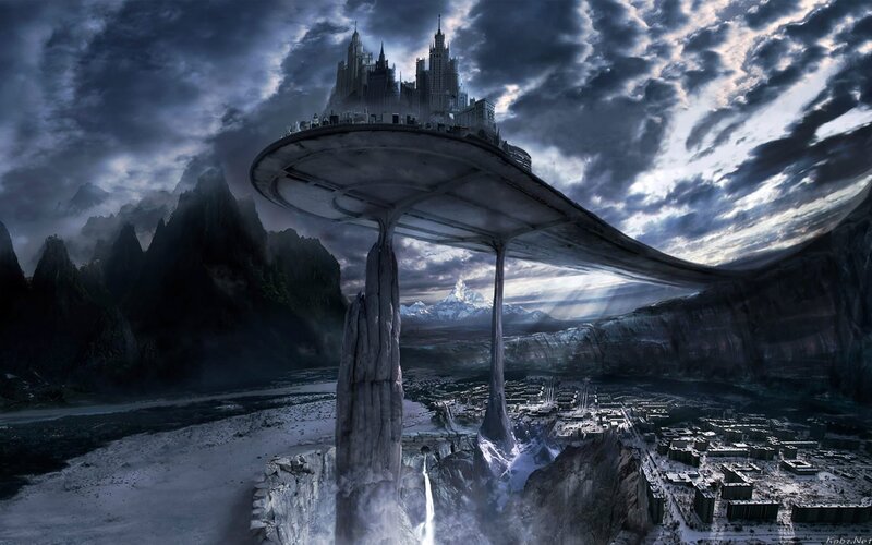 Flying City Above Canyon — Gray, Dramatic