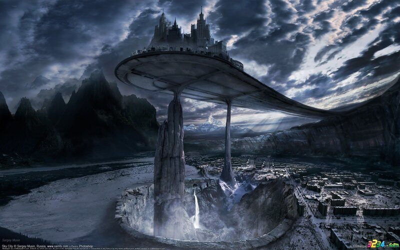 Flying City Above Canyon — Gray