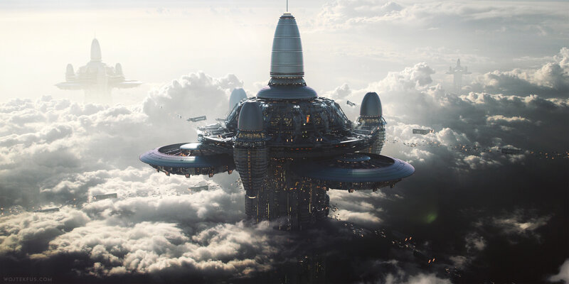 Flying City Above Clouds — Gray, Dramatic, Morning
