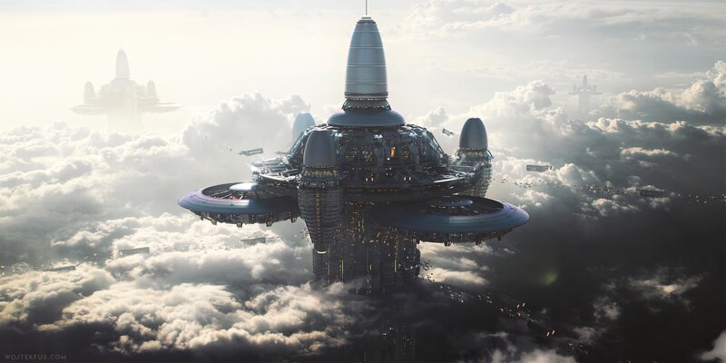 Flying City Above Clouds — Gray, Dramatic