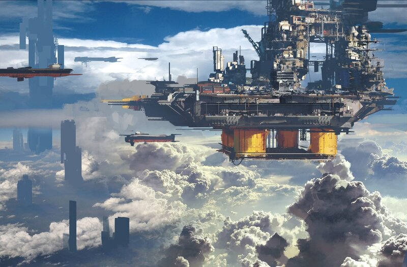 flying city above clouds