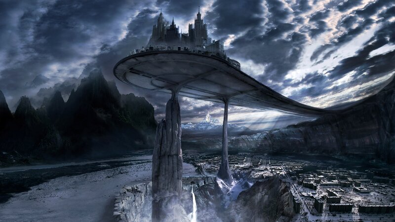 flying city above mountainous landscape