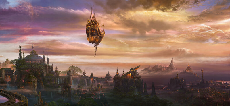 flying city at sunset