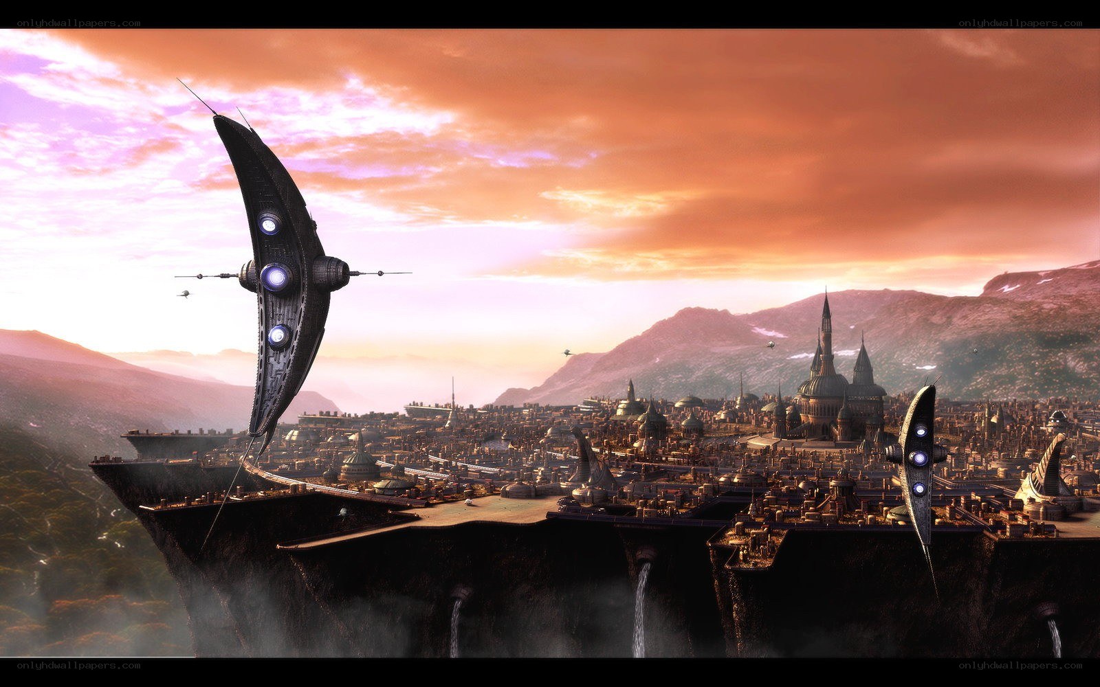 flying city at sunset