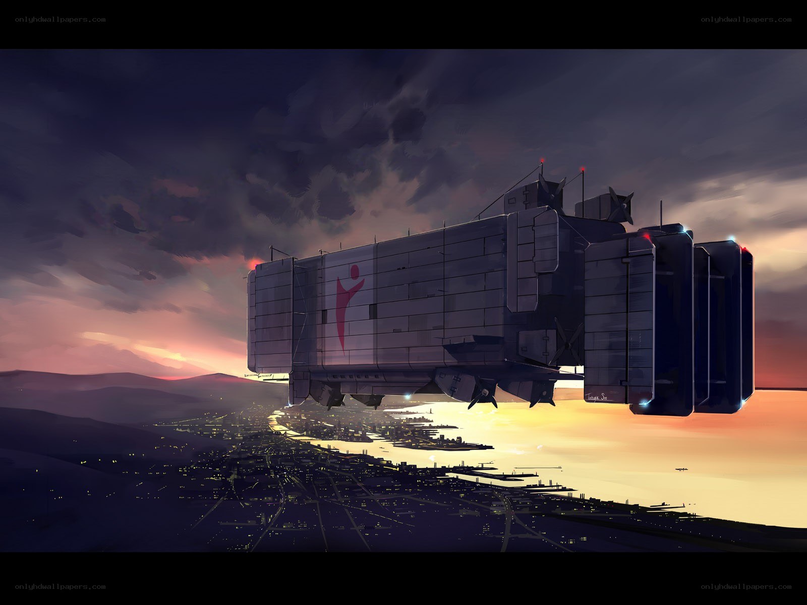 flying city at sunset