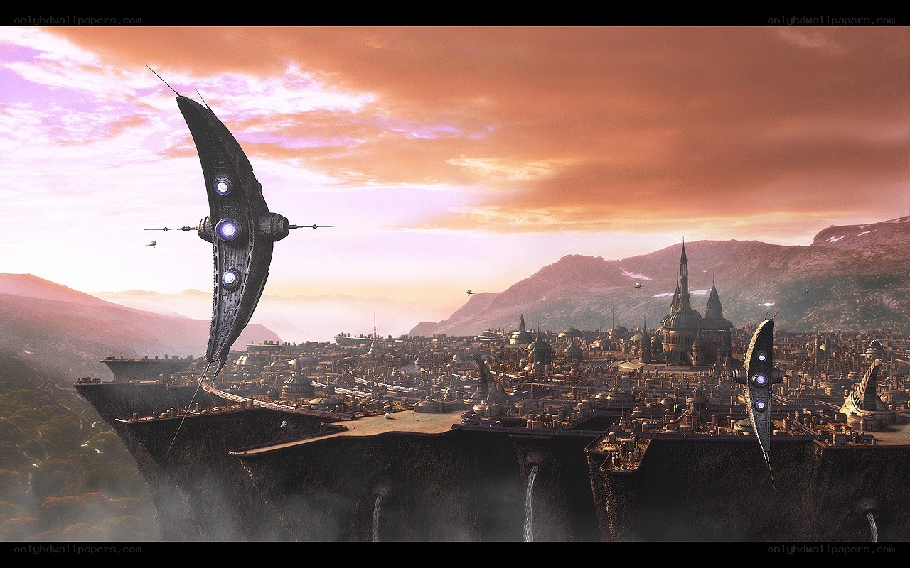 flying city at sunset